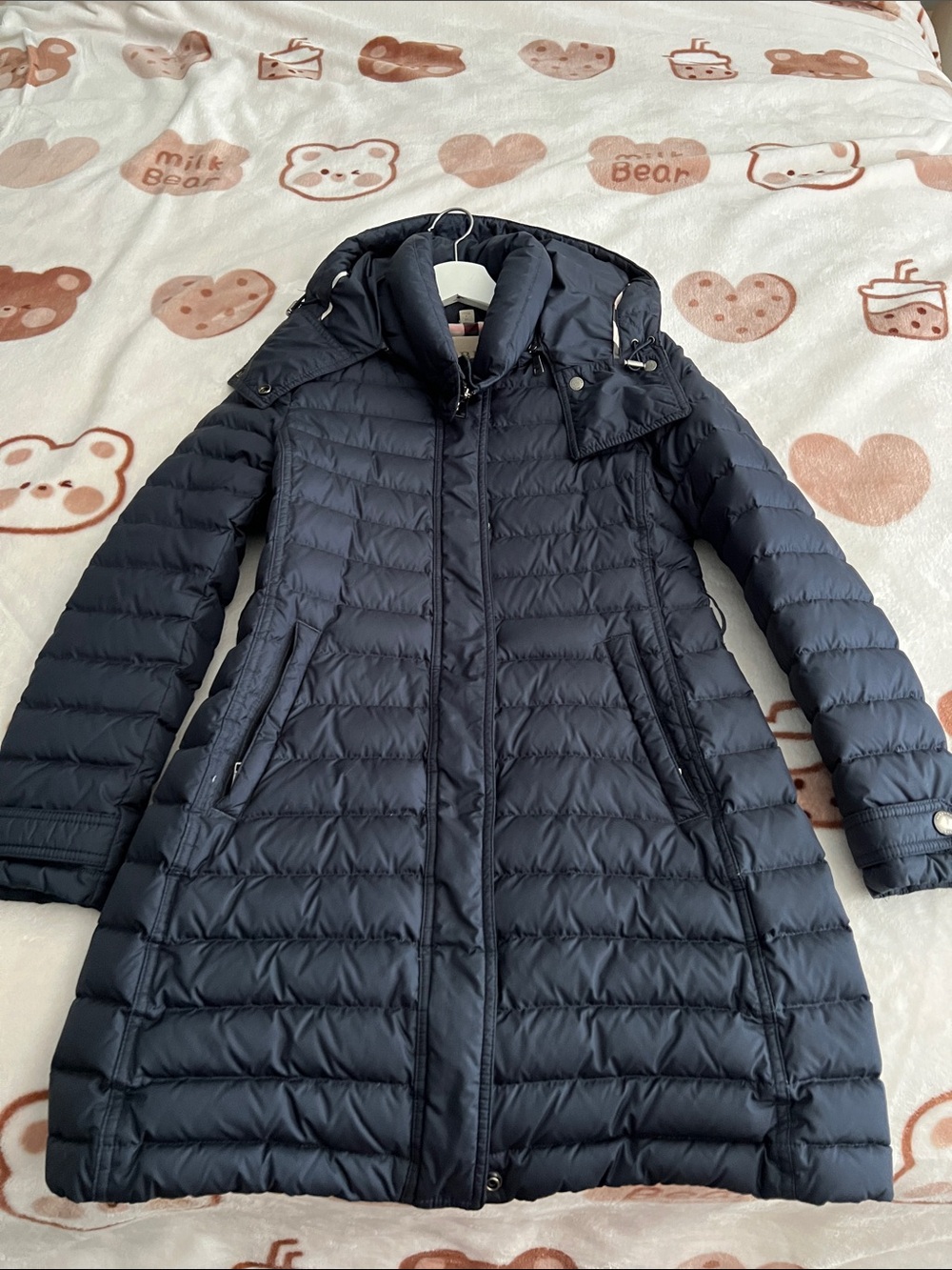 Burberry Navy Quilted Long Puffer Coat with Hood